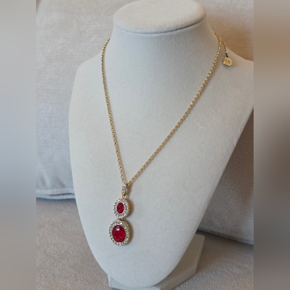 Monet Gold Tone Red Crystal Double Drop Pendant Necklace